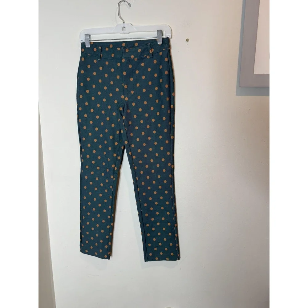 Free People Pants Womens 10 Green Polka Dot Twill Ankle Slim Crop Stretch Casual